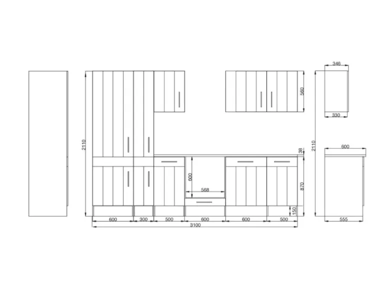 Respekta Küchenzeile Anton 310 cm Lärche Weiß matt