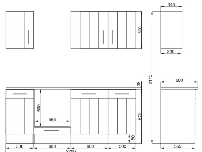 Respekta Küchenzeile Anton 220 cm Lärche Weiß Matt (DAH CH22058IXB)