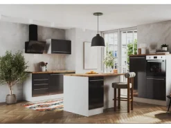 Respekta Küchenzeile Gabriel 290 cm mit Kücheninsel Grau Hochglanz