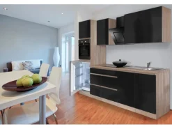 Respekta Küchenzeile GLRP270HESS Grifflos  270 cm Schwarz Hochglanz-Sonoma Eiche