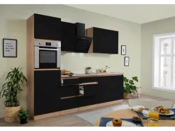 Respekta Küchenzeile GLRP270HESS Grifflos  270 cm Schwarz Hochglanz-Sonoma Eiche