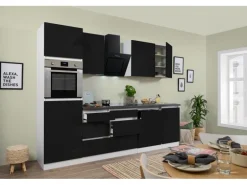 Respekta Küchenzeile GLRP280HWS 280 cm Schwarz Hochglanz Granit-Optik Grifflos