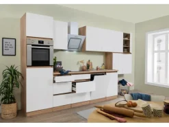 Respekta Küchenzeile GLRP380HESWM Grifflos 380 cm Weiß matt-Sonoma Eiche