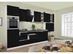 Respekta Küchenzeile GLRP380HWS Grifflos 380 cm Schwarz Hochglanz-Weiß