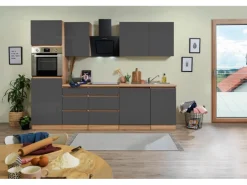 Respekta Küchenzeile GLRP280HESG Grifflos 280 cm Grau Hochglanz-Sonoma Eiche