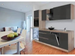 Respekta Küchenzeile GLRP280HESG Grifflos 280 cm Grau Hochglanz-Sonoma Eiche