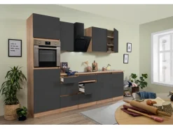 Respekta Küchenzeile GLRP280HESG Grifflos 280 cm Grau Hochglanz-Sonoma Eiche