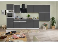 Respekta Küchenzeile GLRP380HWG Grifflos 380 cm Grau Hochglanz-Weiß