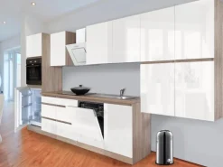 Respekta Küchenzeile GLRP380HESW Grifflos 380 cm Weiß Hochglanz-Sonoma Eiche