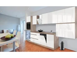 Respekta Küchenzeile GLRP380HESW Grifflos 380 cm Weiß Hochglanz-Sonoma Eiche