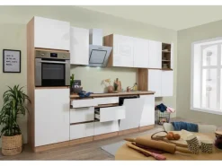 Respekta Küchenzeile GLRP380HESW Grifflos 380 cm Weiß Hochglanz-Sonoma Eiche