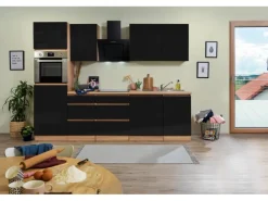 Respekta Küchenzeile GLRP280HESS Grifflos 280 cm Schwarz Hochglanz-Sonoma Eiche