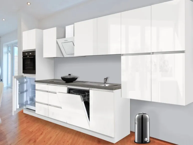 Respekta Küchenzeile GLRP380HWW Grifflos 380 cm Weiß Hochglanz