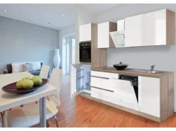 Respekta Küchenzeile GLRP280HESW Grifflos 280 cm Weiß Hochglanz-Sonoma Eiche