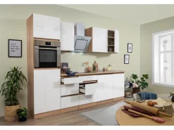 Respekta Küchenzeile GLRP280HESW Grifflos 280 cm Weiß Hochglanz-Sonoma Eiche