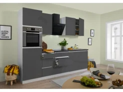 Respekta Küchenzeile GLRP270HWG Grifflos 270 cm Grau Hochglanz-Weiß