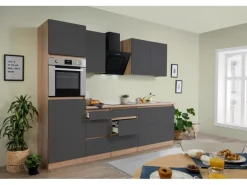 Respekta Küchenzeile GLRP270HESG Grifflos 270 cm Grau Hochglanz-Sonoma Eiche