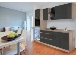 Respekta Küchenzeile GLRP270HESG Grifflos 270 cm Grau Hochglanz-Sonoma Eiche