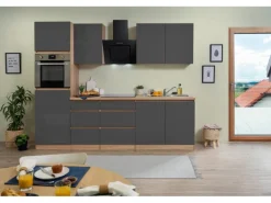 Respekta Küchenzeile GLRP270HESG Grifflos 270 cm Grau Hochglanz-Sonoma Eiche