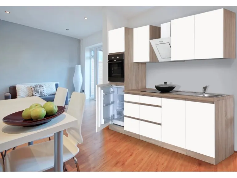 Respekta Küchenzeile GLRP270HESWM Grifflos 270 cm Weiß matt-Sonoma Eiche