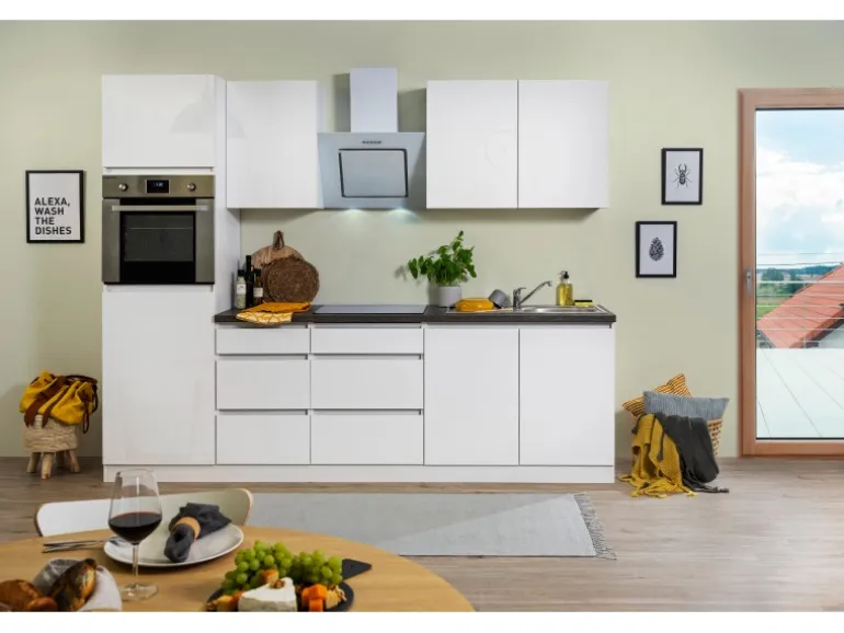 Respekta Küchenzeile GLRP270HWW Grifflos 270 cm Weiß Hochglanz