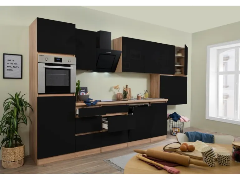 Respekta Küchenzeile GLRP380HESS Grifflos 380 cm Schwarz Hochglanz-Sonoma Eiche