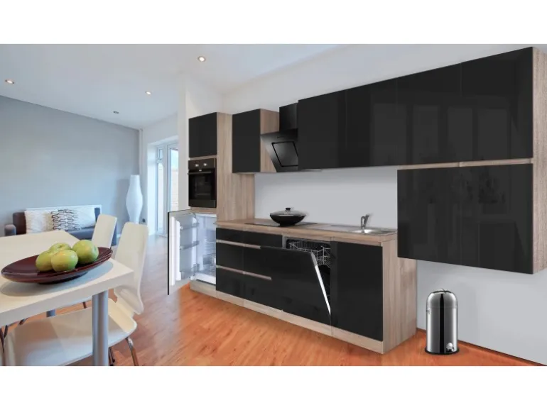 Respekta Küchenzeile GLRP380HESS Grifflos 380 cm Schwarz Hochglanz-Sonoma Eiche