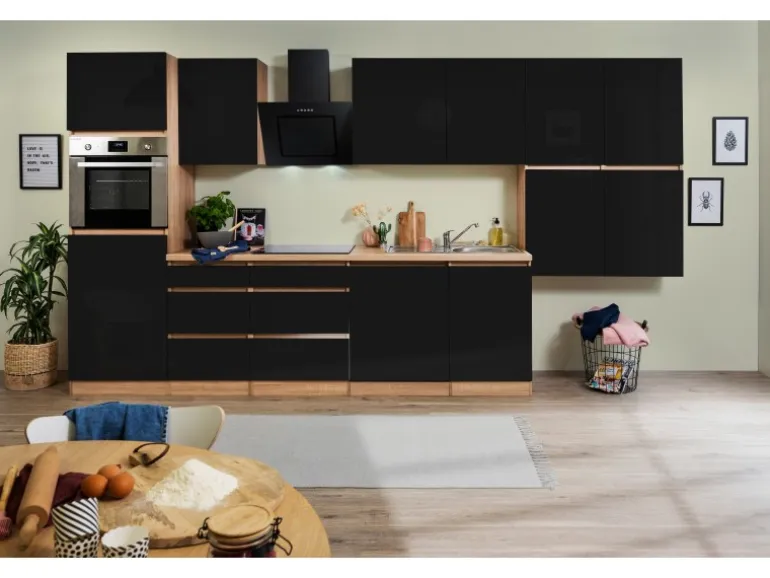Respekta Küchenzeile GLRP380HESS Grifflos 380 cm Schwarz Hochglanz-Sonoma Eiche