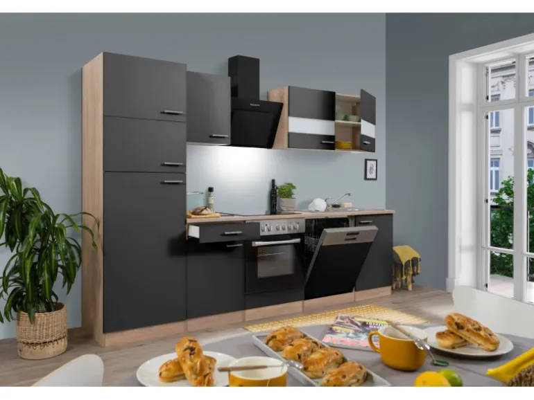 Respekta Küchenzeile KB280ESGCGKE 280 cm Grau-Eiche Sägerau Nachbildung