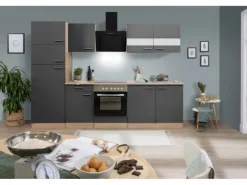 Respekta Küchenzeile KB270ESGCGKE 270 cm Grau-Eiche Sägerau Nachbildung Glänzend