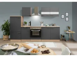 Respekta Küchenzeile KB270ESGC 270 cm Grau-Eiche Sägerau Nachbildung Glänzend