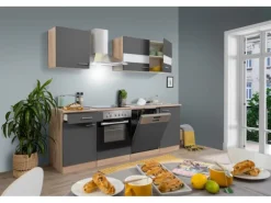 Respekta Küchenzeile KB220ESGC 220 cm Grau-Eiche Sägerau Nachbildung Glänzend