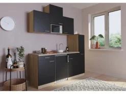 Respekta Küchenzeile KB180ESSMI 180 cm Schwarz-Eiche Sägeräu Nachbildung