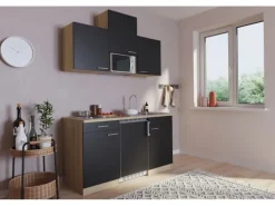 Respekta Küchenzeile KB150ESSMI 150 cm Schwarz-Eiche Sägeräu Nachbildung