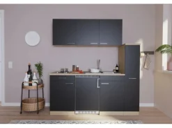 Respekta Küchenzeile KB180ESS 180 cm Schwarz-Eiche Sonoma Sägerau Nachbildung