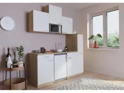 Respekta Küchenzeile KB180ESWMI 180 cm Weiß-Eiche Sägeräu Nachbildung