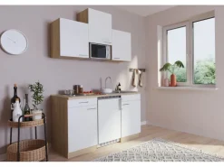 Respekta Küchenzeile KB150ESWMI 150 cm Weiß-Eiche Sägeräu Nachbildung