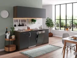 Respekta Küchenzeile KB195EYG 195 cm Grau-Eiche York Nachb. Glänzend Duokochfeld