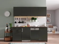 Respekta Küchenzeile KB195EYG 195 cm Grau-Eiche York Nachb. Glänzend Duokochfeld