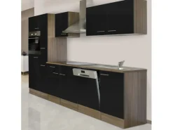 Respekta Küchenzeile KB310EYS 310 cm Schwarz Seidengl.-Eiche York Nachbildung