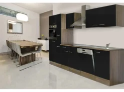 Respekta Küchenzeile KB310EYS 310 cm Schwarz Seidengl.-Eiche York Nachbildung