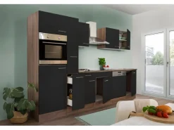 Respekta Küchenzeile KB310EYS 310 cm Schwarz Seidengl.-Eiche York Nachbildung