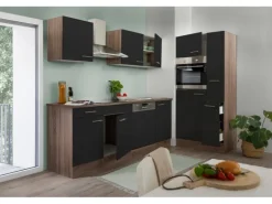 Respekta Küchenzeile KB310EYS 310 cm Schwarz Seidengl.-Eiche York Nachbildung