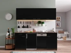 Respekta Küchenzeile KB195EYSC 195cm Schwarz-Eiche York Nachb. Glaskeramikkochf.