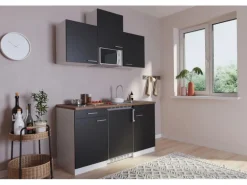 Respekta Küchenzeile KB150WSMIC 150 cm Schwarz-Weiß