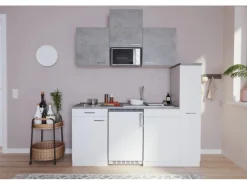 Respekta Küchenzeile KB180WWBMICG 180 cm Weiß-Beton Optik