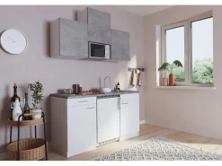 Respekta Küchenzeile KB150WWBMIG 150 cm Weiß-Beton Optik