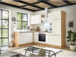 Respekta Küchenzeile Marleen 280 cm Artisan-Eiche Weiß Hochglanz Winkel