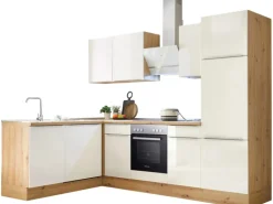 Respekta Küchenzeile Marleen 280 cm Artisan-Eiche Weiß Hochglanz Winkel