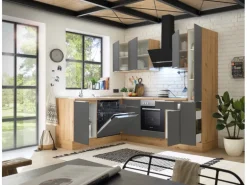 Respekta Küchenzeile Marleen 250 cm Artisan-Eiche Grau Matt Winkel